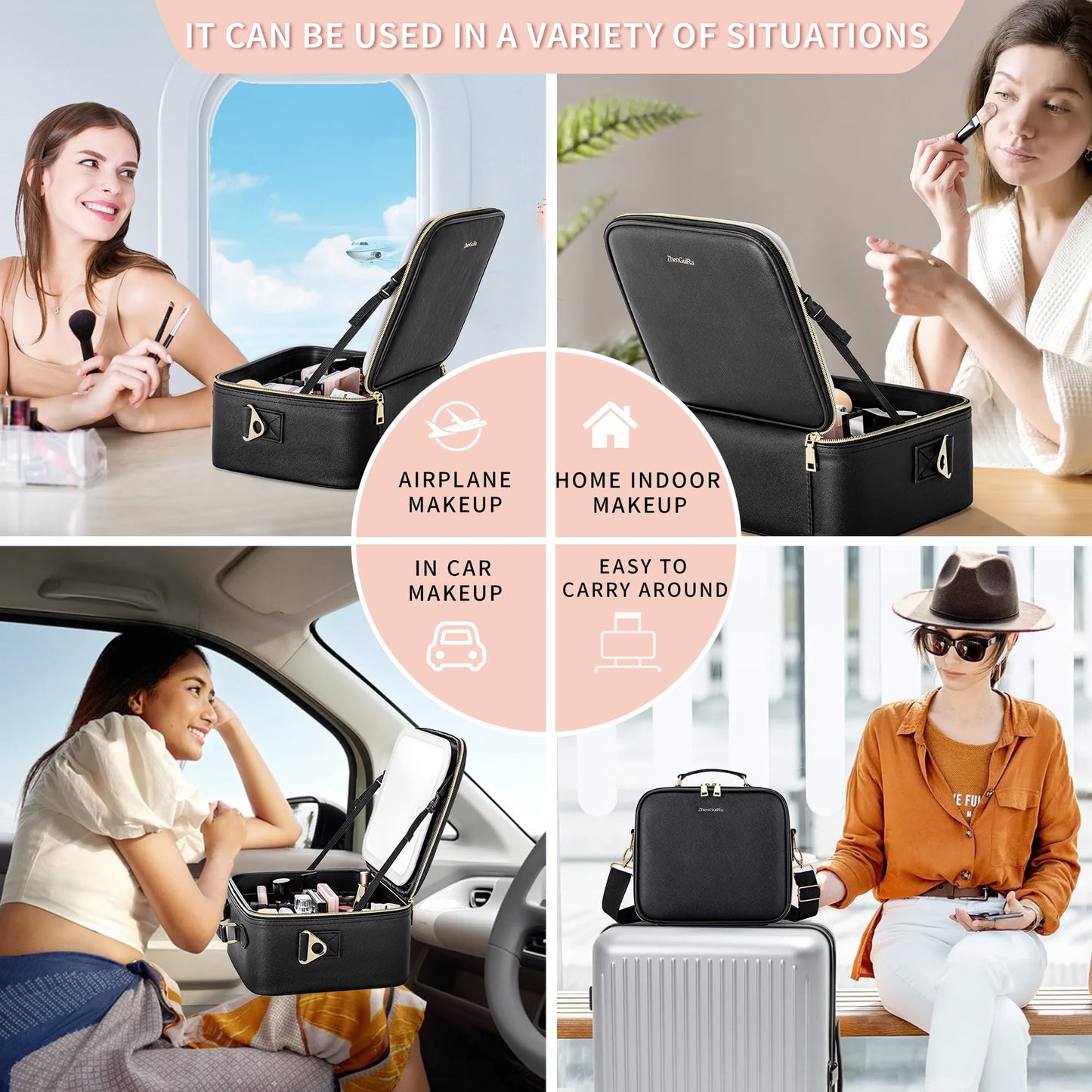 LED Makeup Bag with Mirror, Lighted Cosmetic Case with Natural Light, Adjustable Brightness and Soft Lighting, Travel Organizer with Compartments for Women(Pink)