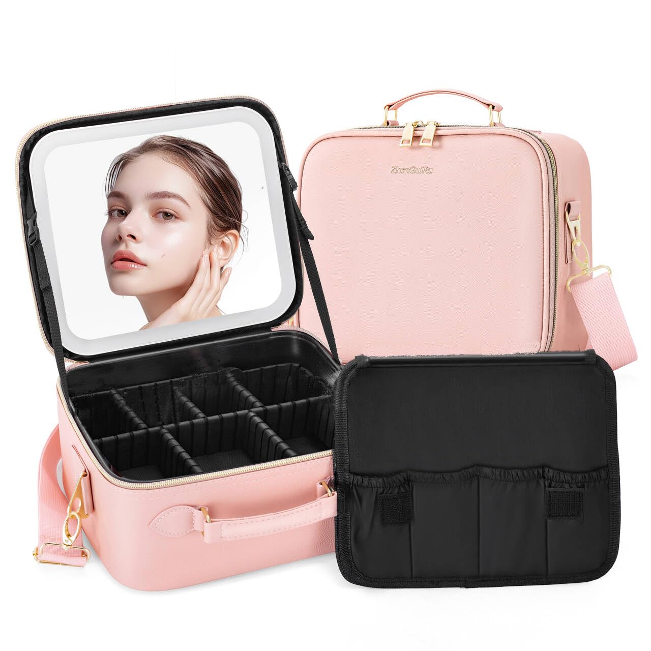 LED Makeup Bag with Mirror, Lighted Cosmetic Case with Natural Light, Adjustable Brightness and Soft Lighting, Travel Organizer with Compartments for Women(Pink)