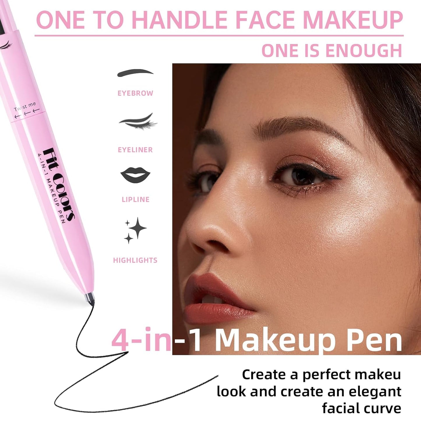 HOSAILY 4 in 1 Makeup Pen, 4 Colors Eyeliner Eyebrow Lip Liner Highlighter All in One Beauty Pen, Waterproof Long-Lasting Multifunctional Travel Portable Makeup Pen with 4 Replacement Refill