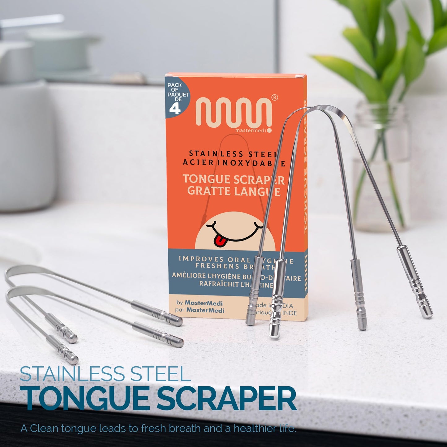 MasterMedi Tongue Cleaner Tongue Scraper Surgical Grade Stainless Steel Tongue Brush Dental Kit Professional Eliminate Bad Breath With Non-synthetic Grip (Family Pack (4 pcs)
