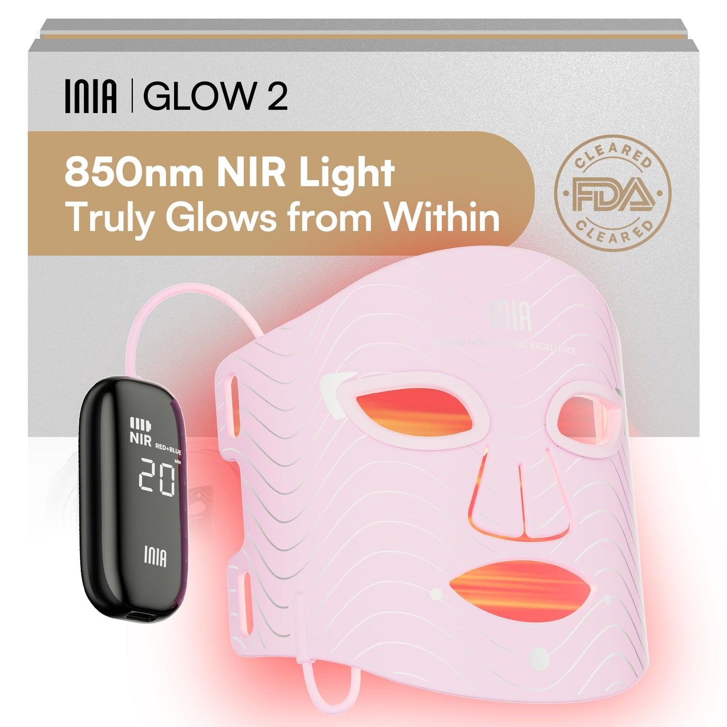 INIA Red Light Therapy Mask for Face – 4 Light Modes with 850nm NIR, Red & Blue LED Light Therapy, 2600mAh Rechargeable LED Face Mask for Radiant Glow at Home, Black