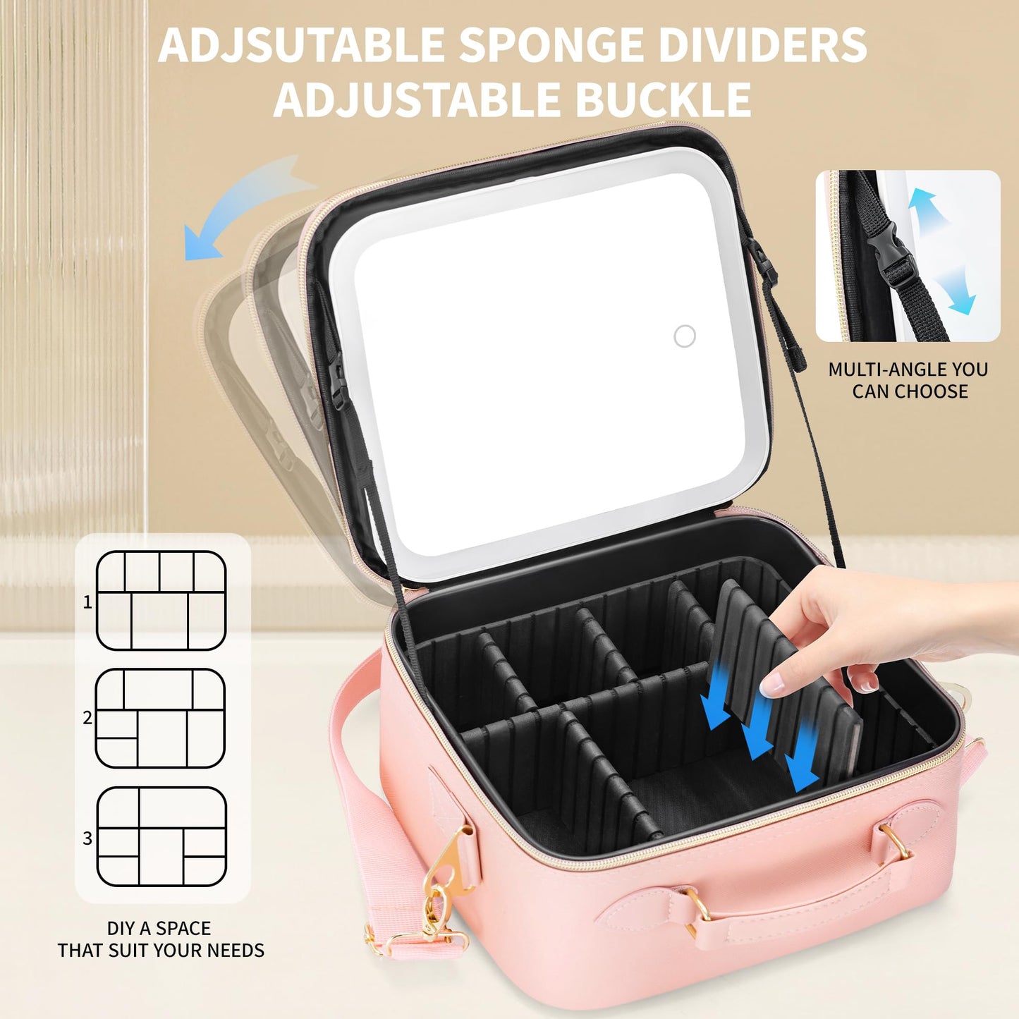 LED Makeup Bag with Mirror, Lighted Cosmetic Case with Natural Light, Adjustable Brightness and Soft Lighting, Travel Organizer with Compartments for Women(Pink)