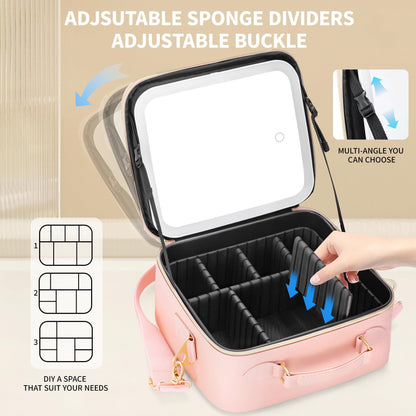 LED Makeup Bag with Mirror, Lighted Cosmetic Case with Natural Light, Adjustable Brightness and Soft Lighting, Travel Organizer with Compartments for Women(Pink)