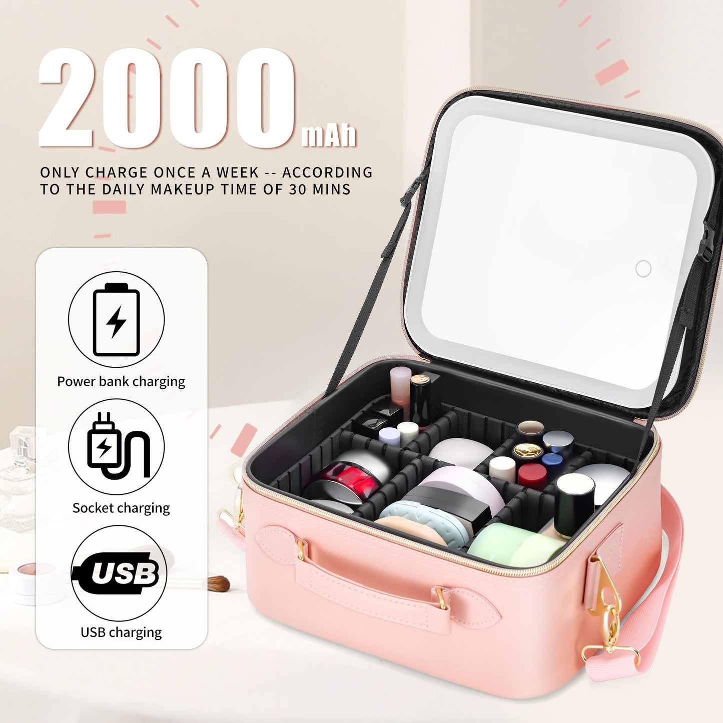 LED Makeup Bag with Mirror, Lighted Cosmetic Case with Natural Light, Adjustable Brightness and Soft Lighting, Travel Organizer with Compartments for Women(Pink)