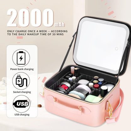 LED Makeup Bag with Mirror, Lighted Cosmetic Case with Natural Light, Adjustable Brightness and Soft Lighting, Travel Organizer with Compartments for Women(Pink)