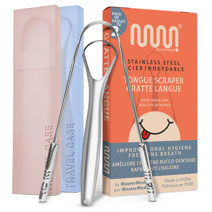 MasterMedi Tongue Cleaner Tongue Scraper Surgical Grade Stainless Steel Tongue Brush Dental Kit Professional Eliminate Bad Breath With Non-synthetic Grip (Family Pack (4 pcs)