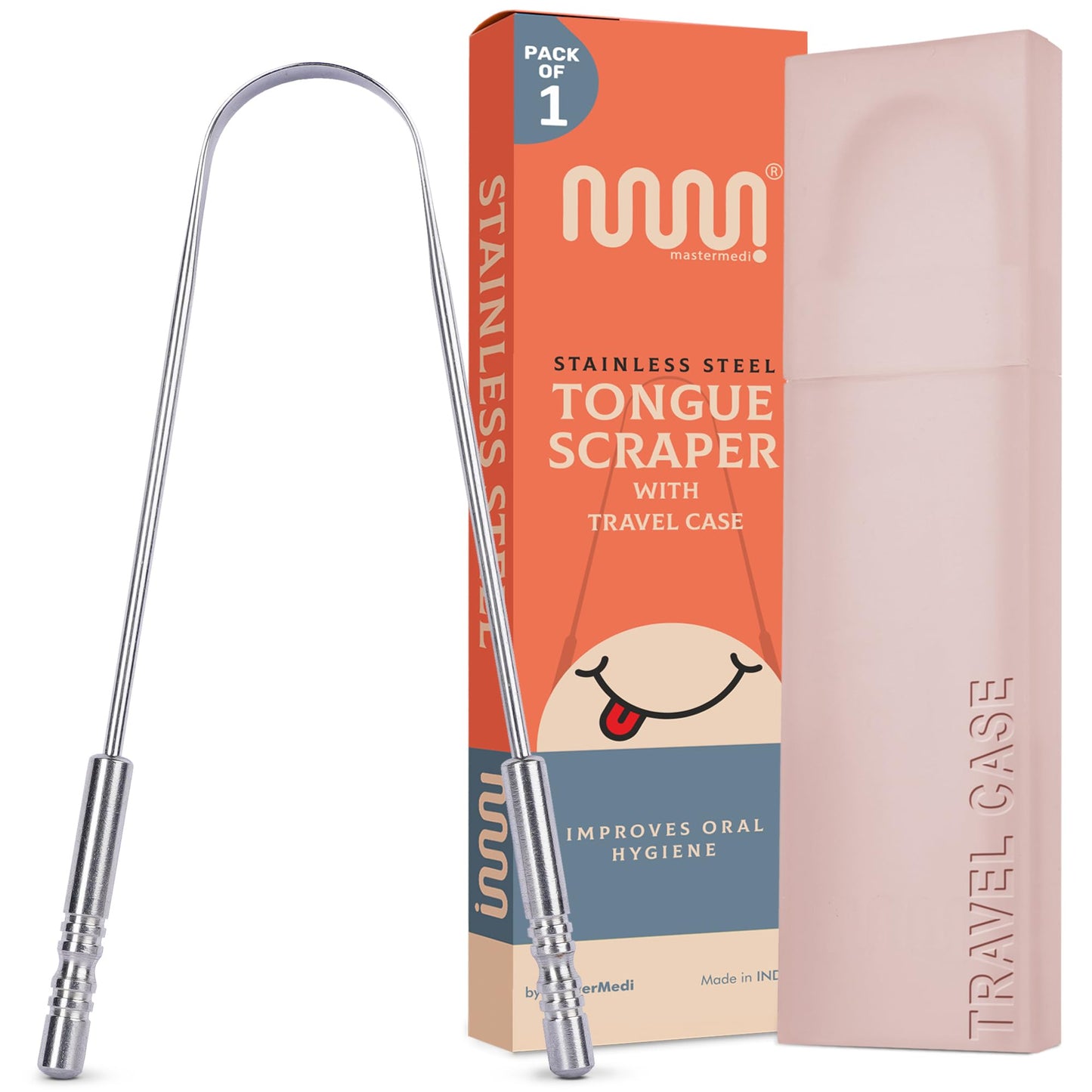 MasterMedi Tongue Cleaner Tongue Scraper Surgical Grade Stainless Steel Tongue Brush Dental Kit Professional Eliminate Bad Breath With Non-synthetic Grip (Family Pack (4 pcs)