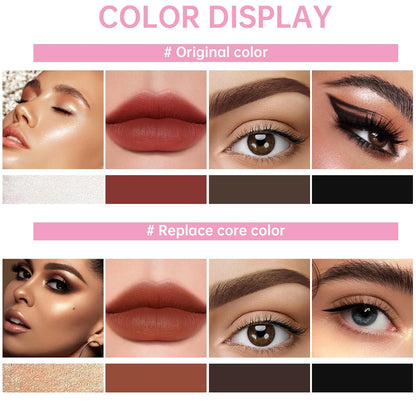 HOSAILY 4 in 1 Makeup Pen, 4 Colors Eyeliner Eyebrow Lip Liner Highlighter All in One Beauty Pen, Waterproof Long-Lasting Multifunctional Travel Portable Makeup Pen with 4 Replacement Refill