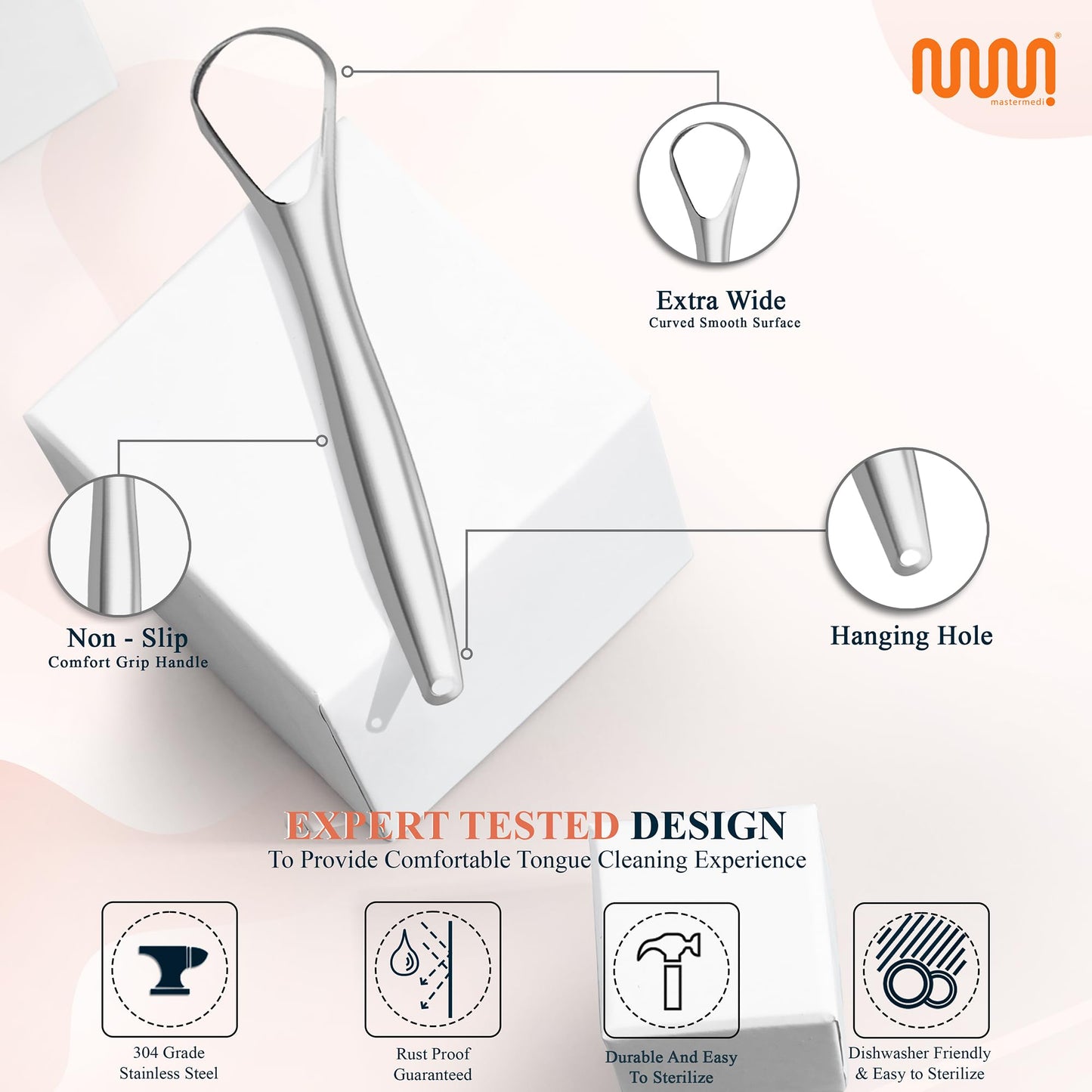 MasterMedi Tongue Cleaner Tongue Scraper Surgical Grade Stainless Steel Tongue Brush Dental Kit Professional Eliminate Bad Breath With Non-synthetic Grip (Family Pack (4 pcs)