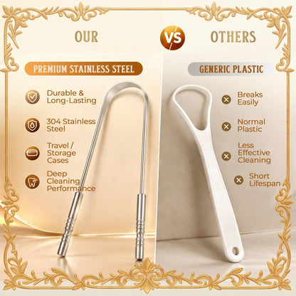 MasterMedi Tongue Cleaner Tongue Scraper Surgical Grade Stainless Steel Tongue Brush Dental Kit Professional Eliminate Bad Breath With Non-synthetic Grip (Family Pack (4 pcs)