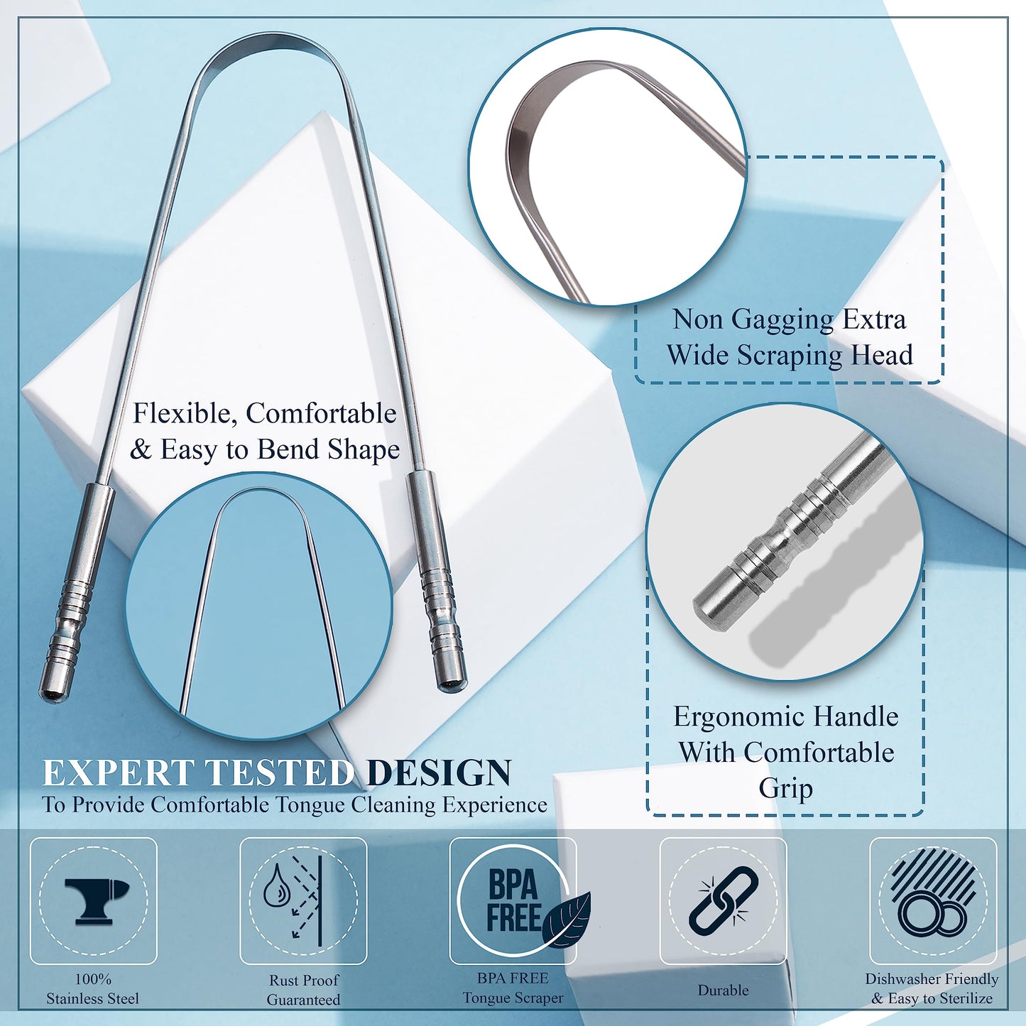 MasterMedi Tongue Cleaner Tongue Scraper Surgical Grade Stainless Steel Tongue Brush Dental Kit Professional Eliminate Bad Breath With Non-synthetic Grip (Family Pack (4 pcs)