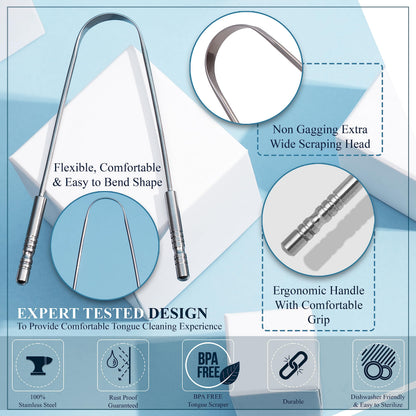 MasterMedi Tongue Cleaner Tongue Scraper Surgical Grade Stainless Steel Tongue Brush Dental Kit Professional Eliminate Bad Breath With Non-synthetic Grip (Family Pack (4 pcs)