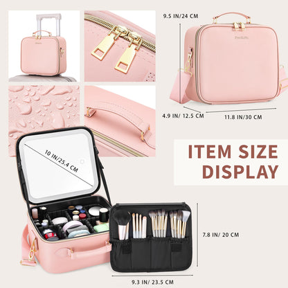 LED Makeup Bag with Mirror, Lighted Cosmetic Case with Natural Light, Adjustable Brightness and Soft Lighting, Travel Organizer with Compartments for Women(Pink)