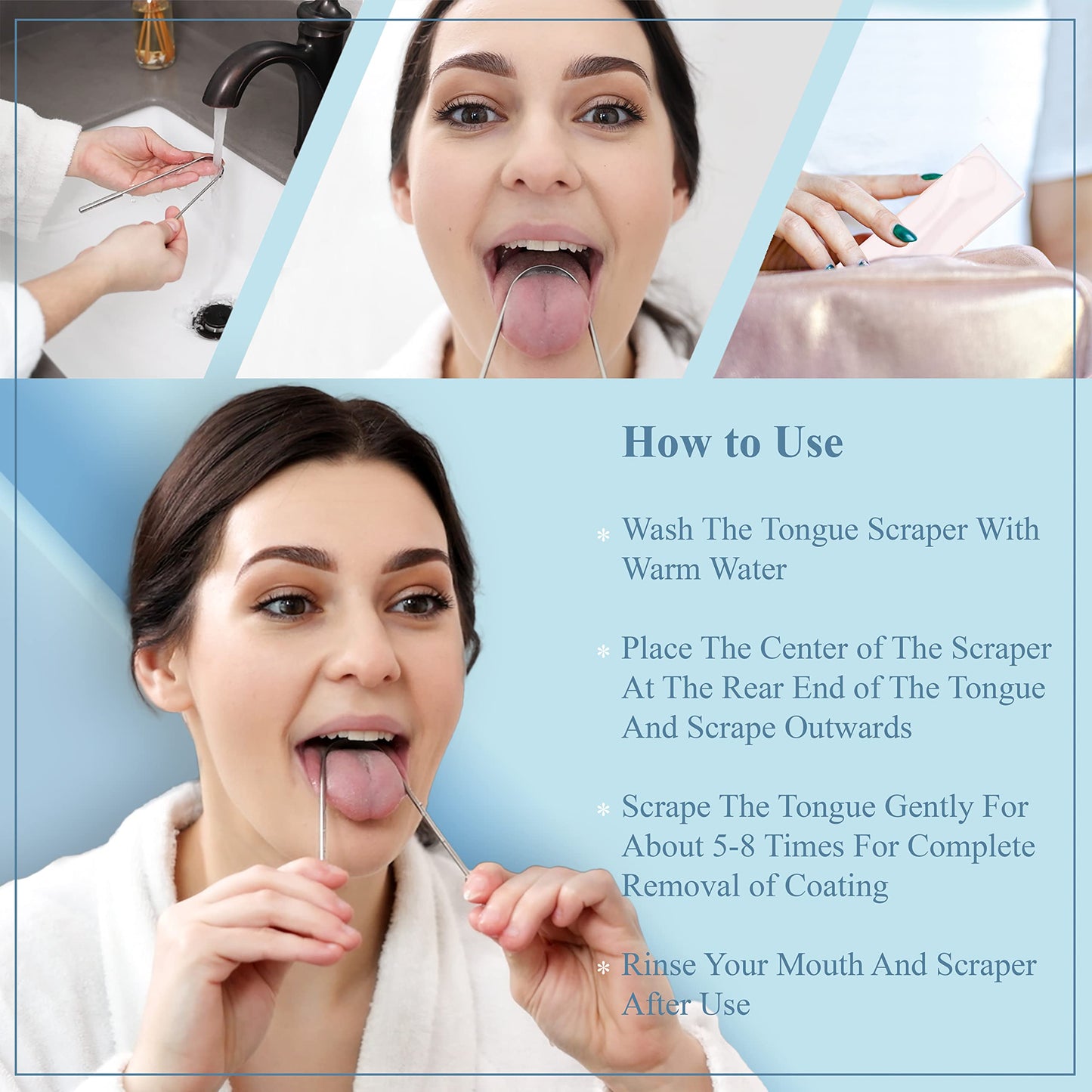 MasterMedi Tongue Cleaner Tongue Scraper Surgical Grade Stainless Steel Tongue Brush Dental Kit Professional Eliminate Bad Breath With Non-synthetic Grip (Family Pack (4 pcs)