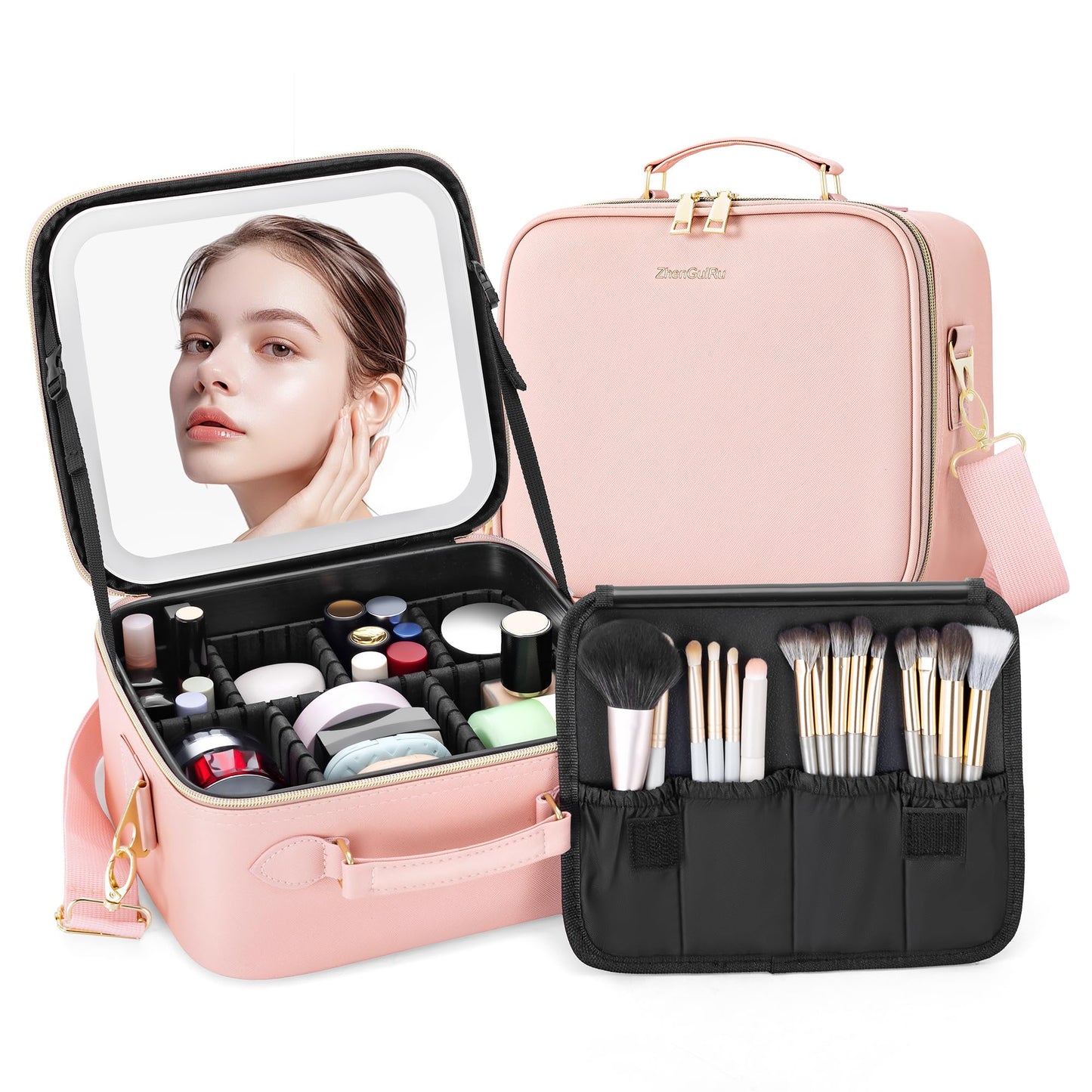 LED Makeup Bag with Mirror, Lighted Cosmetic Case with Natural Light, Adjustable Brightness and Soft Lighting, Travel Organizer with Compartments for Women(Pink)