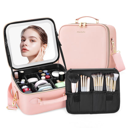 LED Makeup Bag with Mirror, Lighted Cosmetic Case with Natural Light, Adjustable Brightness and Soft Lighting, Travel Organizer with Compartments for Women(Pink)