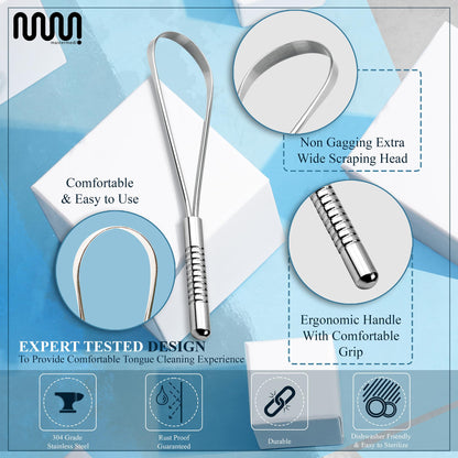 MasterMedi Tongue Cleaner Tongue Scraper Surgical Grade Stainless Steel Tongue Brush Dental Kit Professional Eliminate Bad Breath With Non-synthetic Grip (Family Pack (4 pcs)