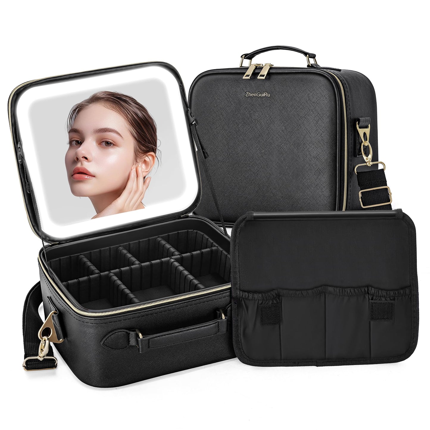 LED Makeup Bag with Mirror, Lighted Cosmetic Case with Natural Light, Adjustable Brightness and Soft Lighting, Travel Organizer with Compartments for Women(Pink)