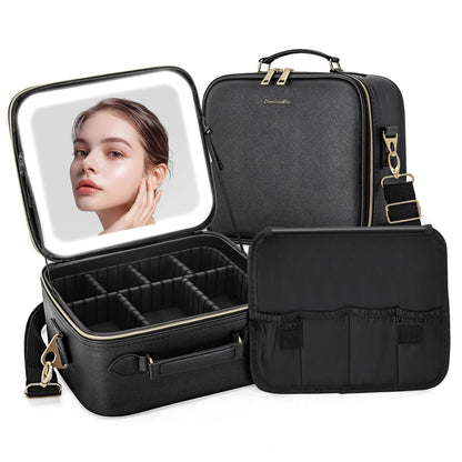 LED Makeup Bag with Mirror, Lighted Cosmetic Case with Natural Light, Adjustable Brightness and Soft Lighting, Travel Organizer with Compartments for Women(Pink)