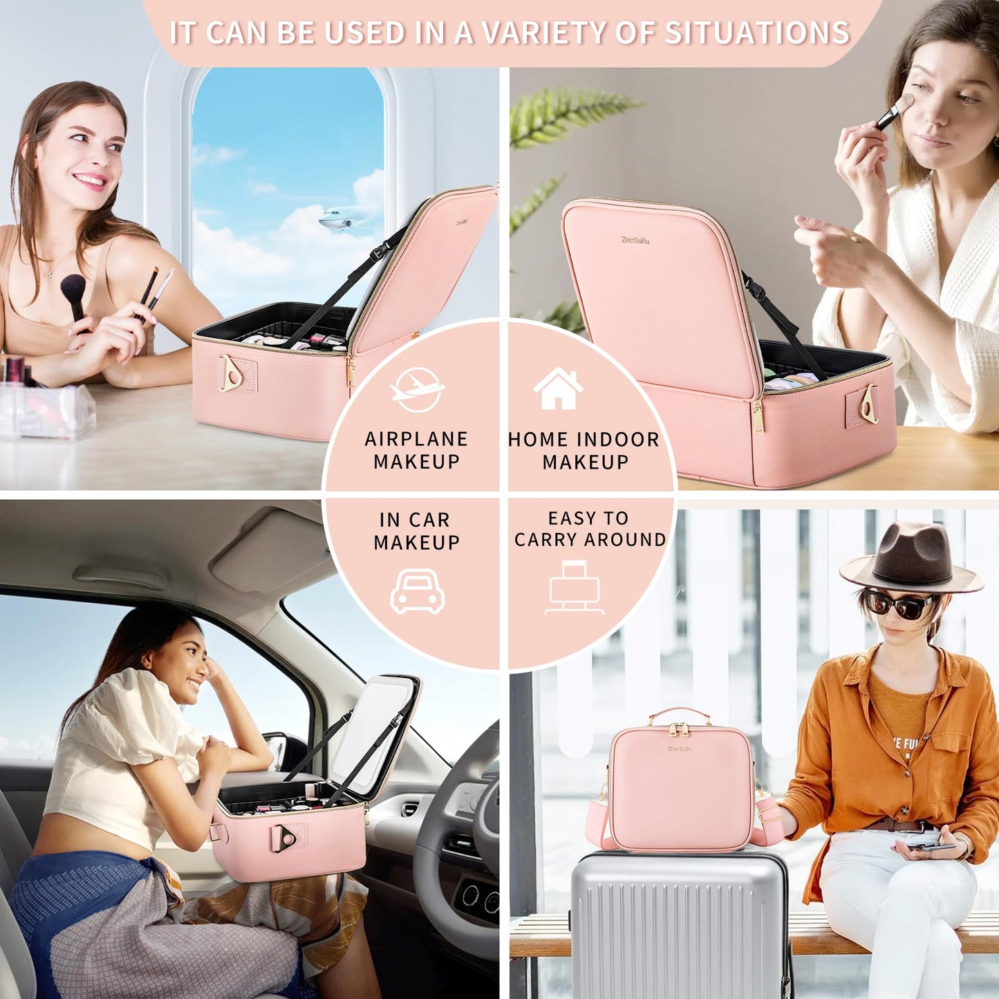 LED Makeup Bag with Mirror, Lighted Cosmetic Case with Natural Light, Adjustable Brightness and Soft Lighting, Travel Organizer with Compartments for Women(Pink)