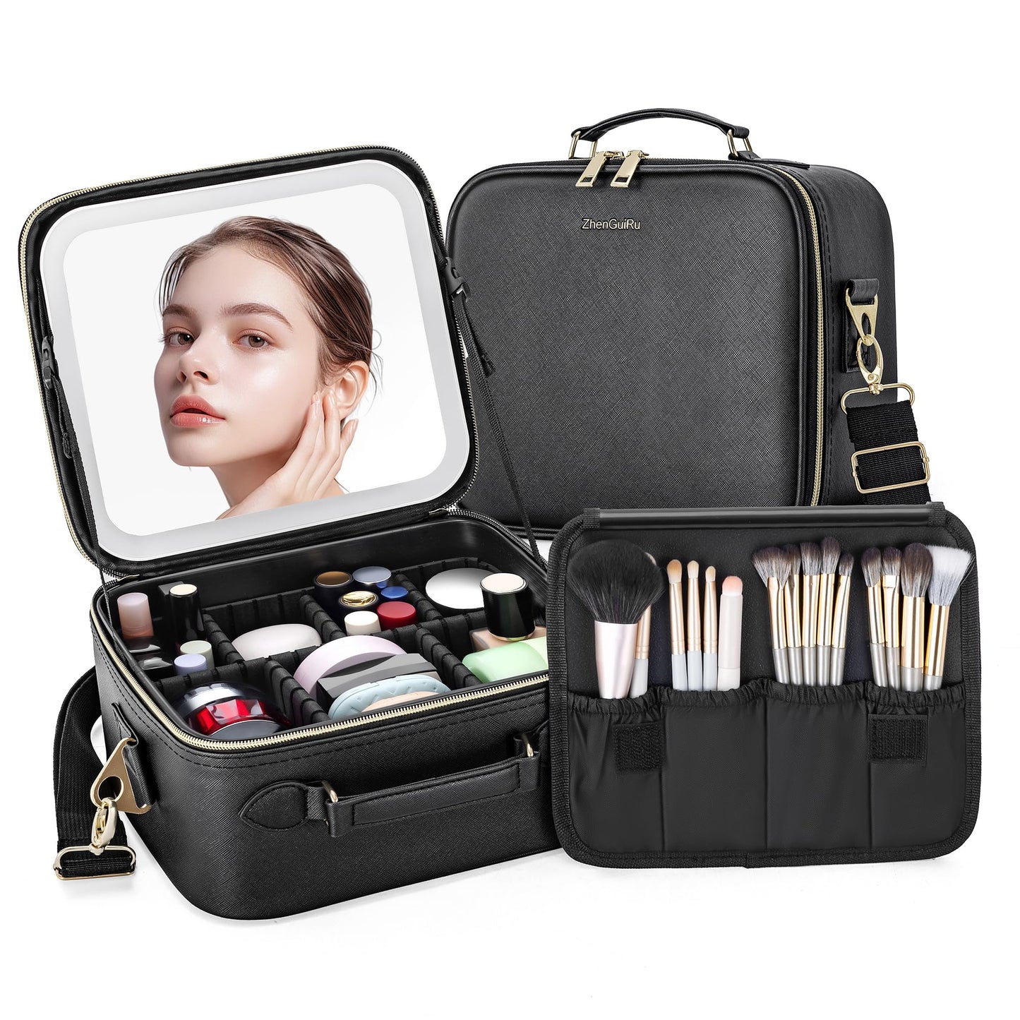 LED Makeup Bag with Mirror, Lighted Cosmetic Case with Natural Light, Adjustable Brightness and Soft Lighting, Travel Organizer with Compartments for Women(Pink)