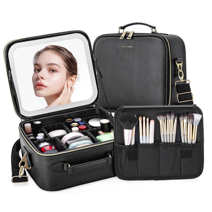 LED Makeup Bag with Mirror, Lighted Cosmetic Case with Natural Light, Adjustable Brightness and Soft Lighting, Travel Organizer with Compartments for Women(Pink)